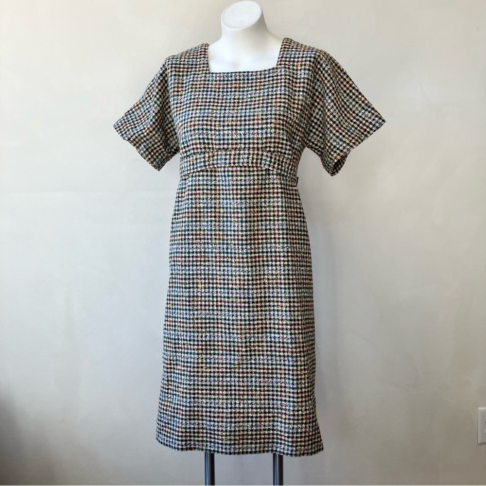 Vintage Plaid Wool Handmade Prairie Cottagecore Cinch Belted Square Neck Dress